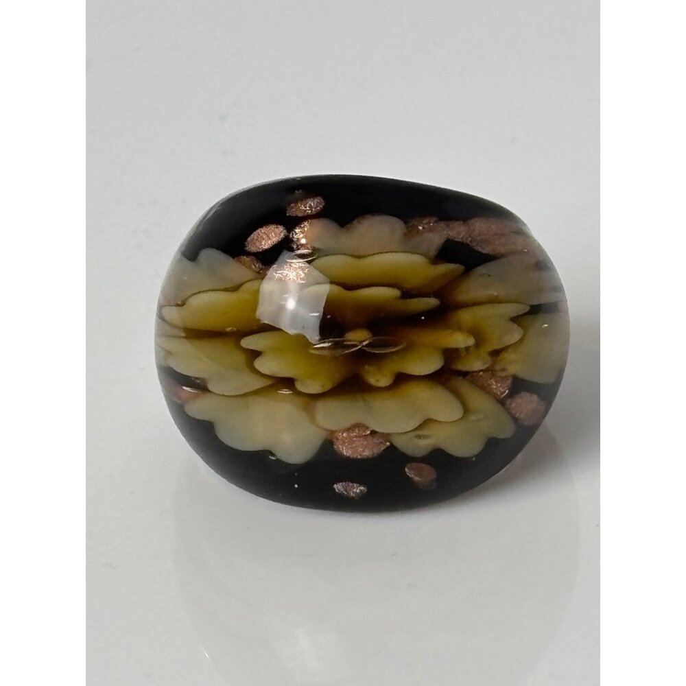 Murano Glass Floral Statement Ring With Yellow Flower & Gold Tone Flake Accents
